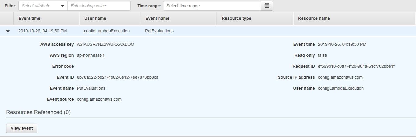 cloudtrailの画面 View event を開くと生ログが見れる